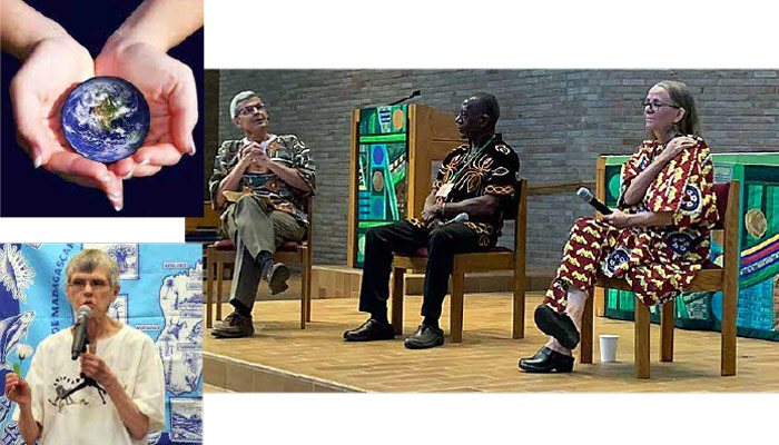 3 photo collage of globe held in hands, woman speaking into microphone and 3 African people sitting on chairs