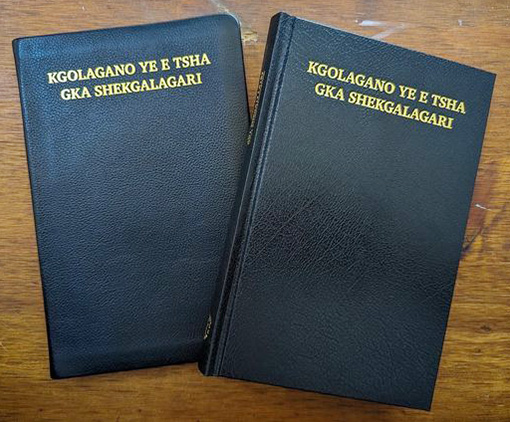 two Bibles with navy blue covers and gold titles