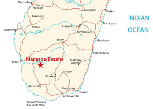 map of Southern Madagascar with red star indicating Manasoa/Bezaha area