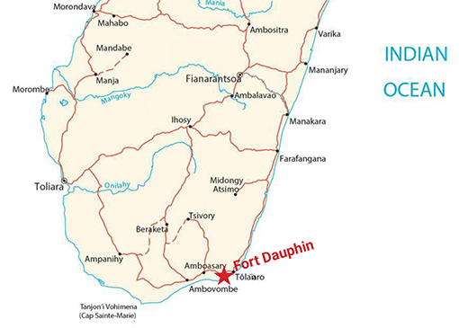 map of Southern Madagascar with red star for Port Dauphin
