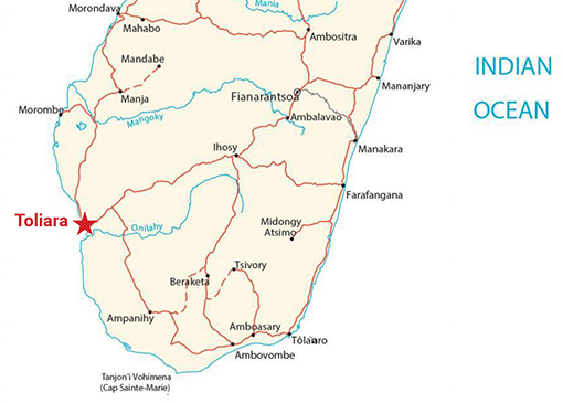 map of Southern Madagascar with red star indicating location of Toliara