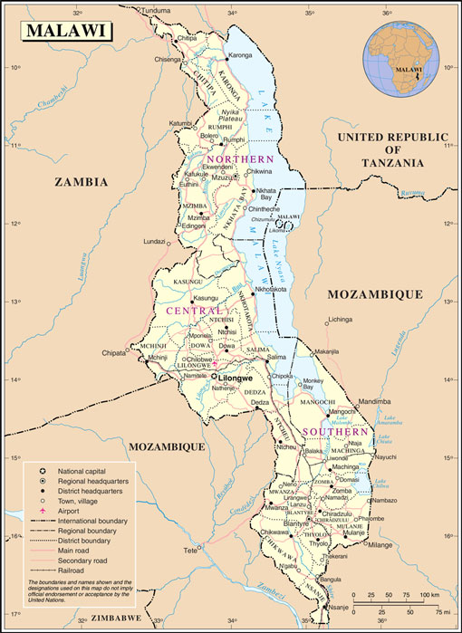 map of the East Africa country of Malawi