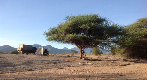 Tent set up by Land Cruiser near baobab trees in desert area of Kenya with mountain range in background