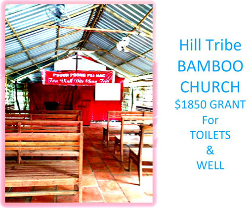 interior of Vietnamese Hill Tribe Bamboo Church with benches and red pulpit