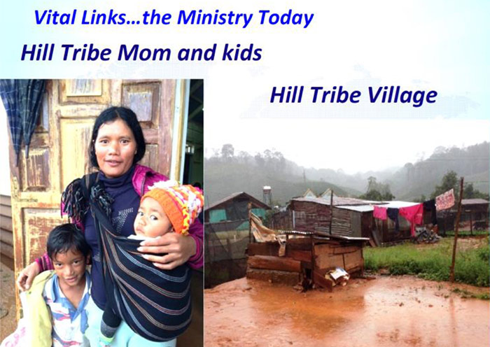 photo of Vietnamese mom and two children on left, Hill Tribe village on right
