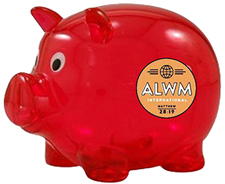 red plastic piggy bank with logo on side