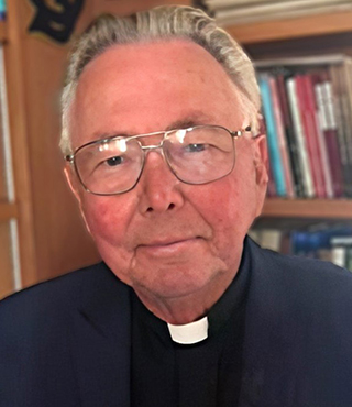 man with glasses wearing black suit with white clerical collar and bookcase in background