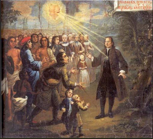 painting of man preaching to crowd